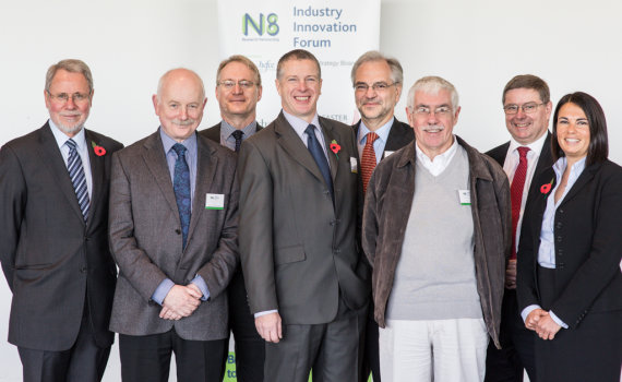 Pictured from left to right: Prof Chris Brink, Chair of the N8 Board of Directors; Mark Carver, SVP Research, Development and Innovation at Fujifilm Diosynth Biotechnologies; Pro-Vice-Chancellor, Research & Innovation, Newcastle University; Colin Reid, N8 IIF Director; Prof Trevor McMillan, Chair of the N8 Executive Management Group; David Randall, R&D Manager, Chemoxy; Iain Gray, Chief Executive, Technology Strategy Board; Sarah Jackson, N8 Director.