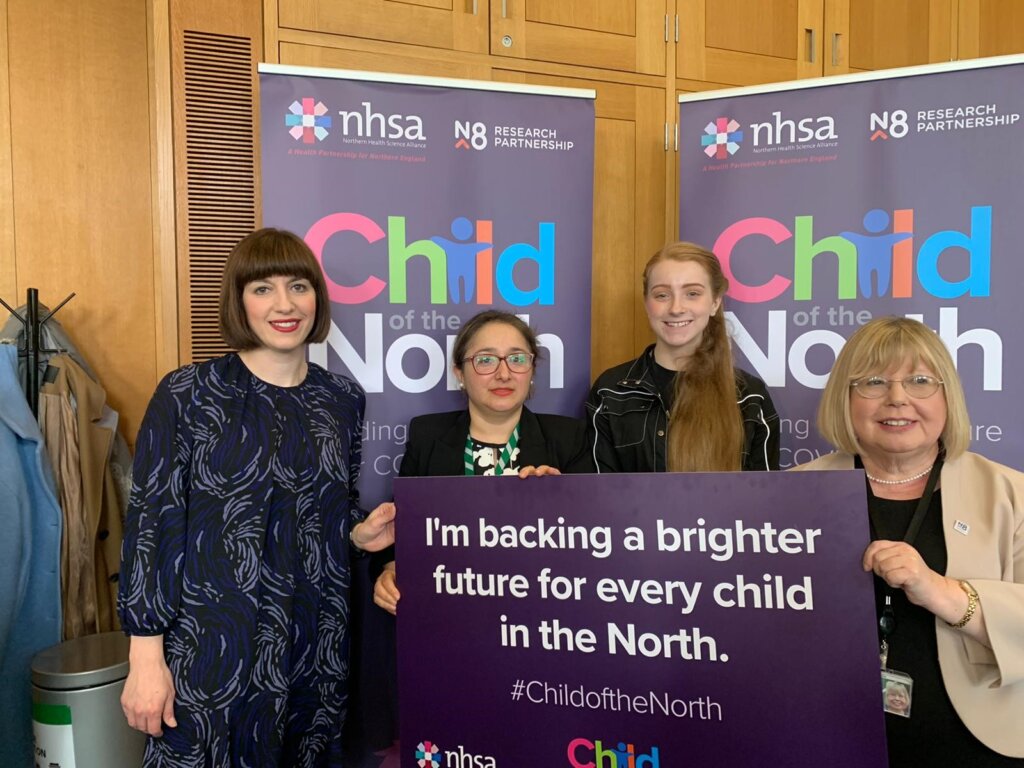 Picture of Bridget Phillipson MP, Feryal Clarke MP, Alyssa Cole and Liz Twist MP holding up a Child of the North pledge card